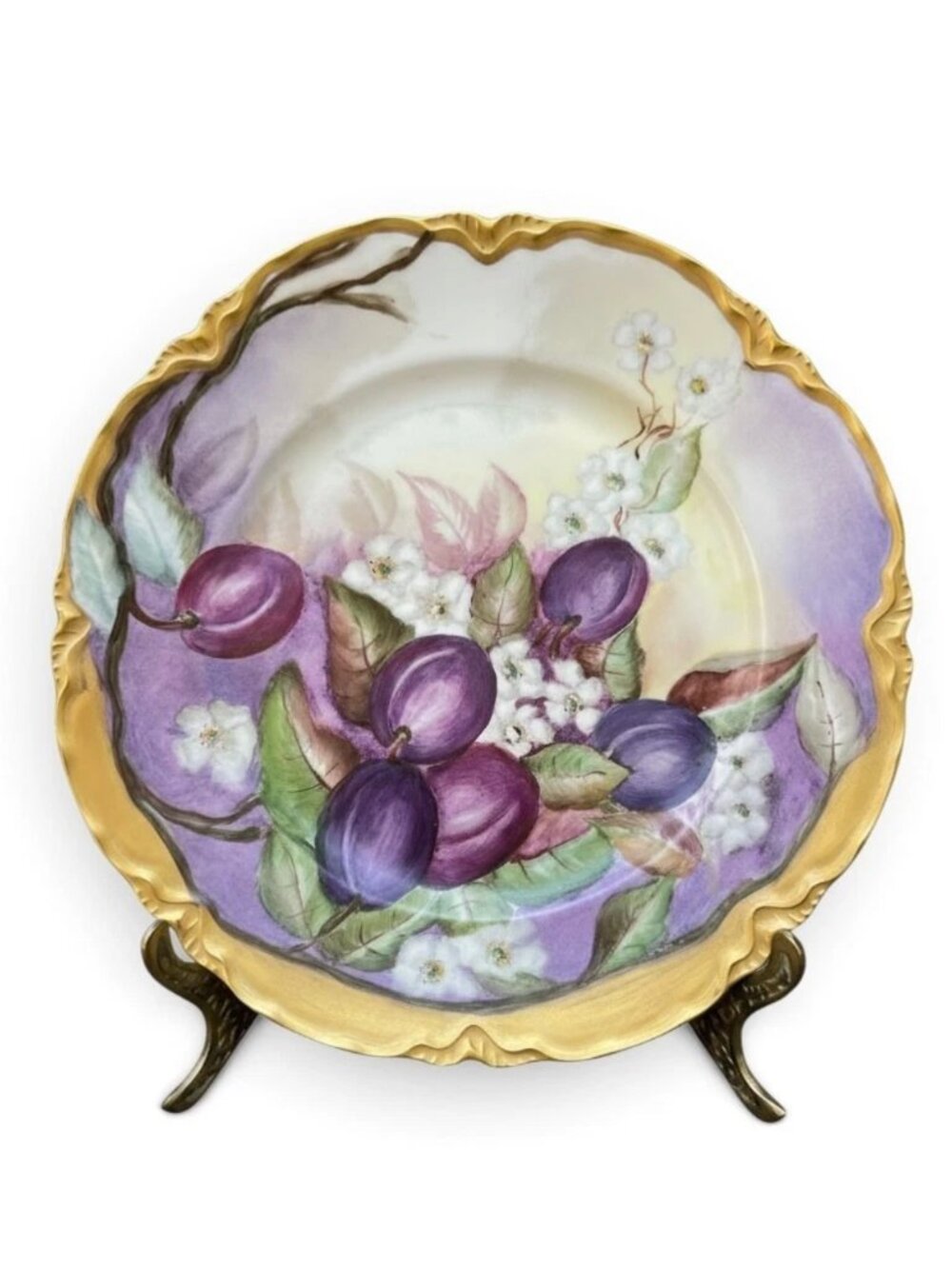 Antique German Handpainted Porcelain Plate Gold Trim Plum 10"